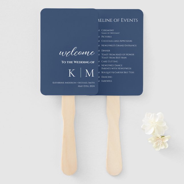 Leque Programa de Casamento com Monograma Moderno Azul e (Frente e Verso)