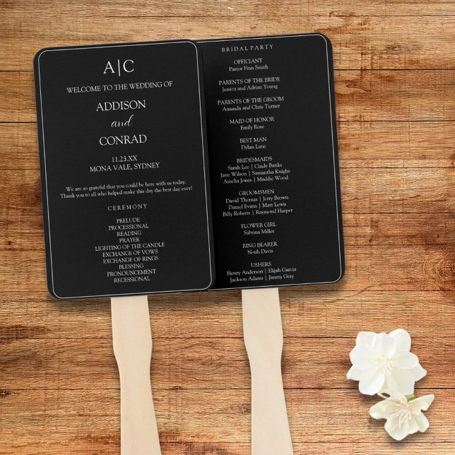 Leque Programa de Casamento com Monograma Preto Elegante (Criador carregado)