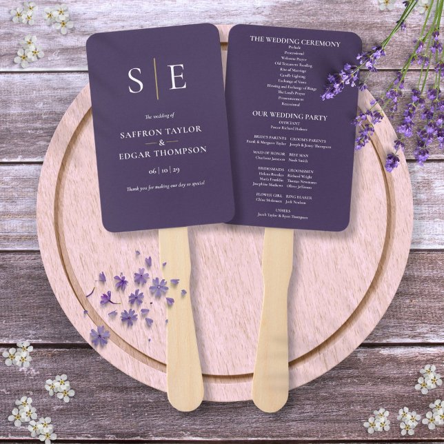 Leque Programa de Casamento com Monograma Roxo e Dourado (Purple And Gold Monogram Wedding Program Hand Fan)