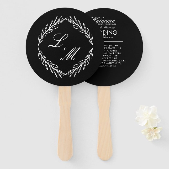 Leque Programa de Casamento com Ramalhete de Letra Monog (Frente e Verso)