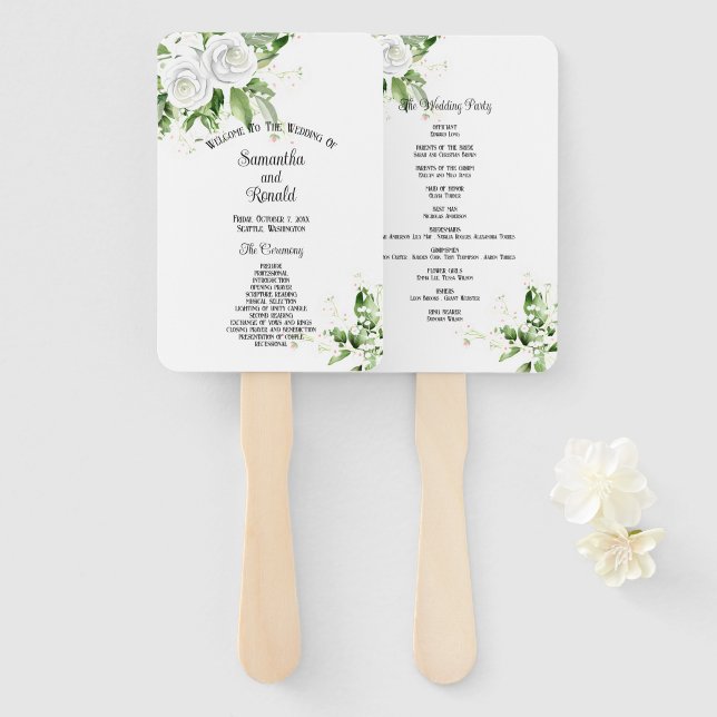 Leque Programa de Casamento com Rosas Brancas e Resedá (Frente e Verso)