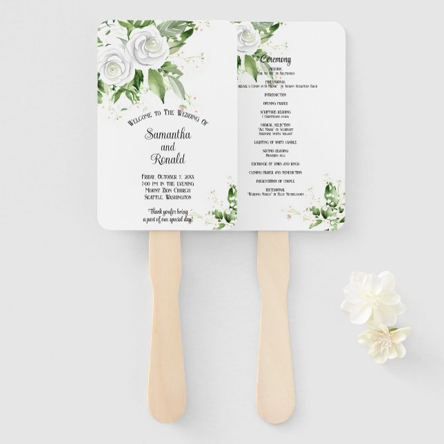 Leque Programa de Casamento com Rosas Brancas e Respirad (Frente e Verso)
