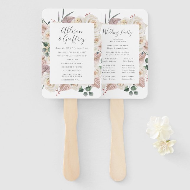 Leque Programa de Casamento com Rosas e Orquídeas em Aqu (Frente e Verso)