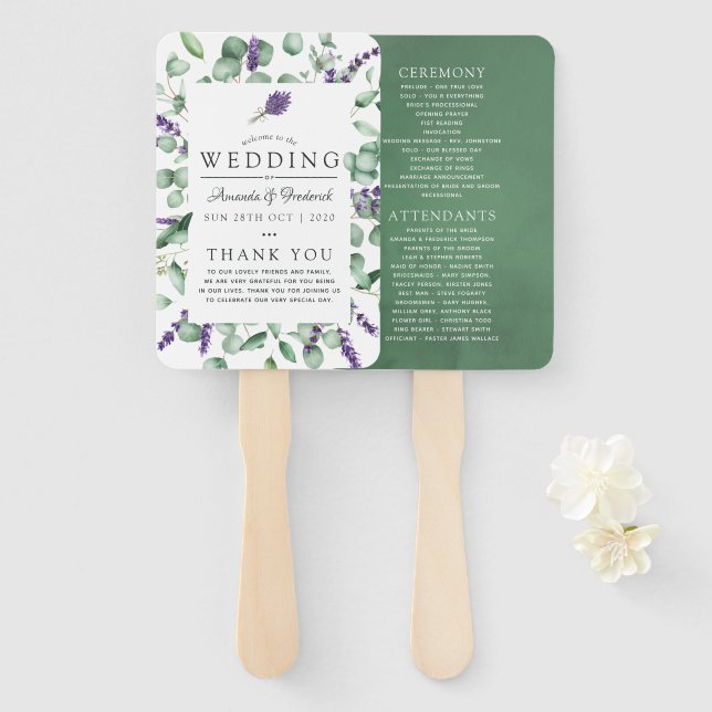 Leque Programa de Casamento com Vegetação de Eucalipto e (Frente e Verso)