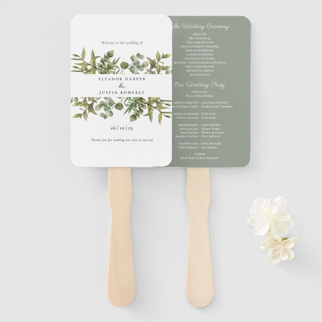 Leque Programa de Casamento da Floresta Eucalyptus Green (Frente e Verso)