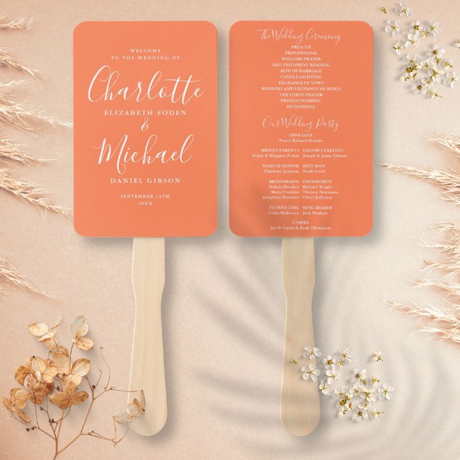 Leque Programa de Casamento de Aniversário de Coral com  (Signature Script Coral Wedding Program Hand Fan)