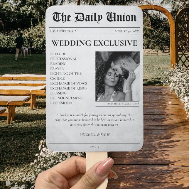 Leque Programa de Casamento de Artigo de Jornal (Newspaper Article Wedding Program Hand Fan
)