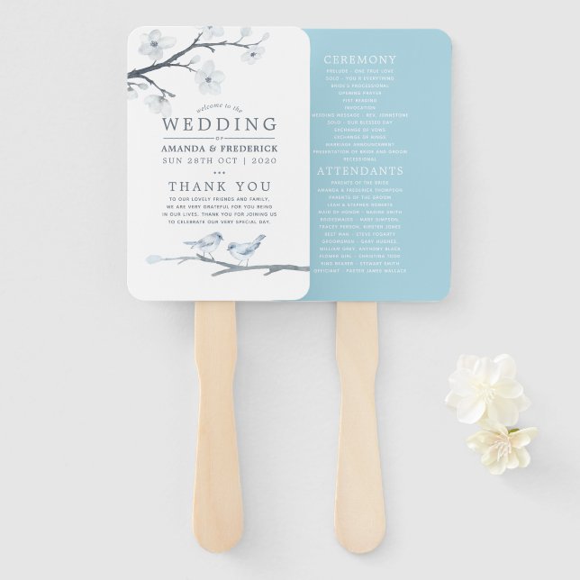 Leque Programa de Casamento de Blossomas de Cereja Branc (Frente e Verso)