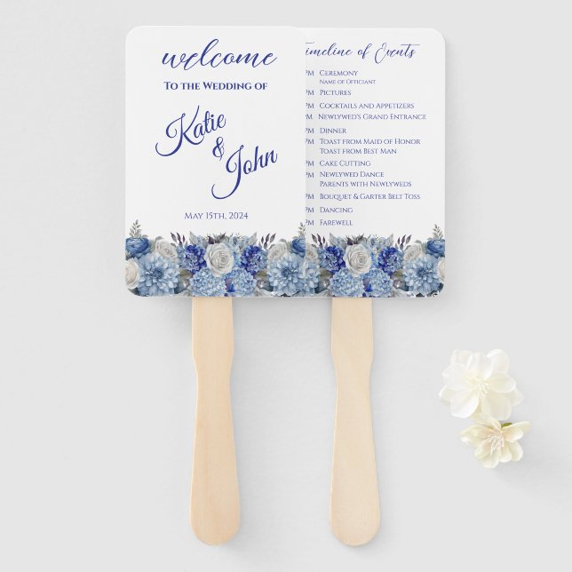 Leque Programa de Casamento de Buquê de Flor Azul-Aquare (Frente e Verso)