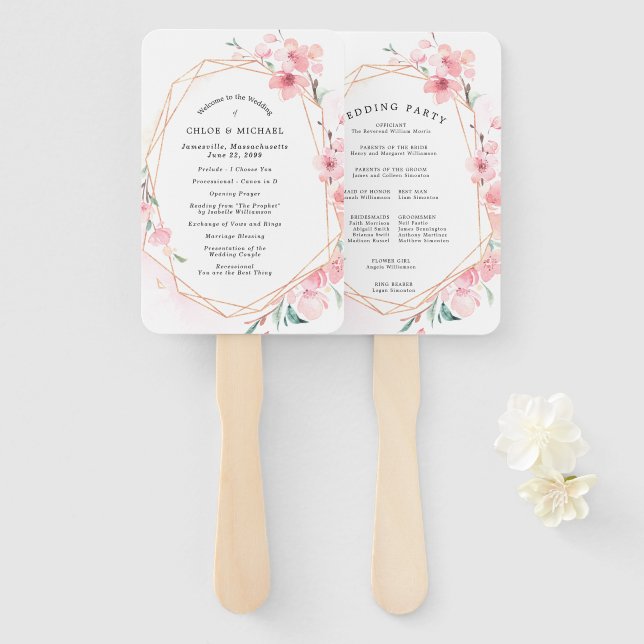 Leque Programa de Casamento de Cereja Rosa-Rosa-Cinzenta (Frente e Verso)