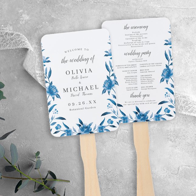 Leque Programa de Casamento de Chinoiserie floral Blue W (Blue Watercolor floral Chinoiserie Wedding Program Hand Fan)