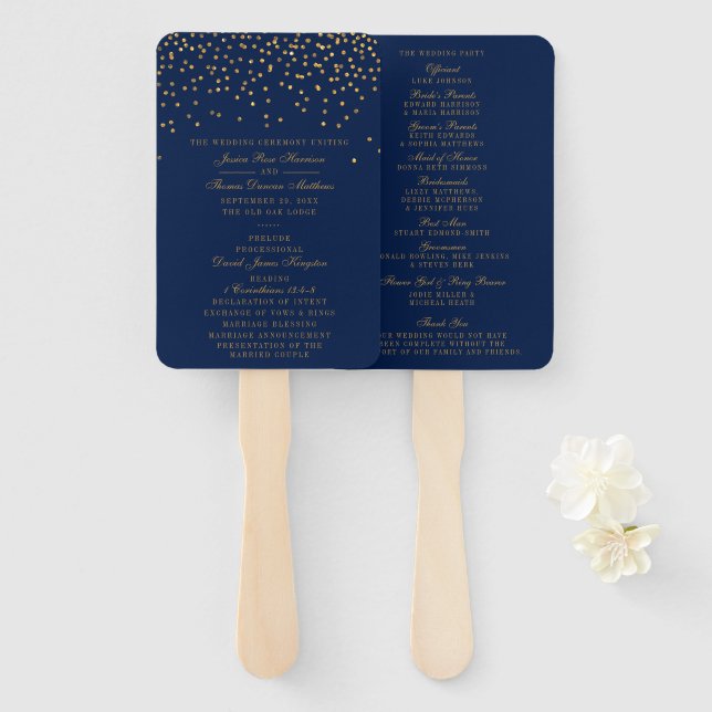 Leque Programa de Casamento de Confetti Azul e Dourado G (Frente e Verso)