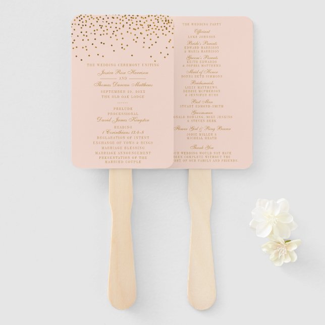 Leque Programa de Casamento de Confetti Dourado e Rosa B (Frente e Verso)
