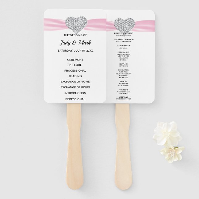 Leque Programa de Casamento de Coração com Diamante Rosa (Frente e Verso)
