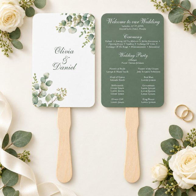 Leque Programa de Casamento de Eucalipto com Vegetação M (Modern Greenery Eucalyptus Wedding Program Hand Fan)