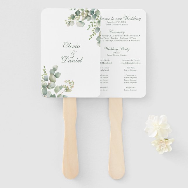 Leque Programa de Casamento de Eucalipto com Vegetação M (Frente e Verso)