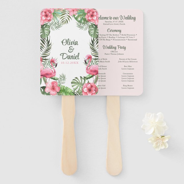 Leque Programa de Casamento de Flamingo Tropical em Aqua (Frente e Verso)