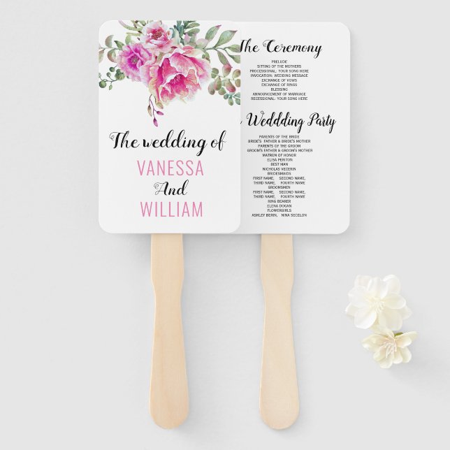 Leque Programa de casamento de flores aquáticas cor-de-r (Frente e Verso)