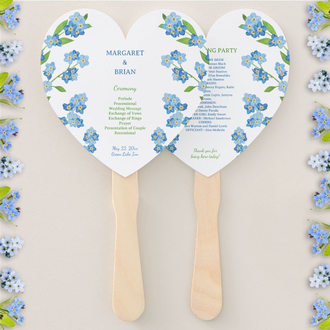 Leque Programa de Casamento de Flores Azuis Esquece-Me-N (Forget-Me-Nots Blue Watercolor Wedding Program Hand Fan)