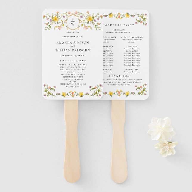 Leque Programa de Casamento de Flores Selvagens de Aquar (Frente e Verso)