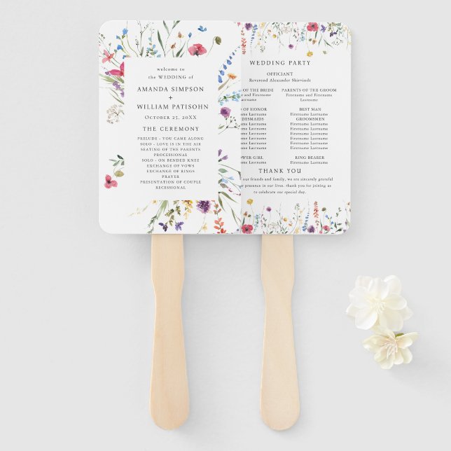 Leque Programa de Casamento de Flores Selvagens de Aquar (Frente e Verso)