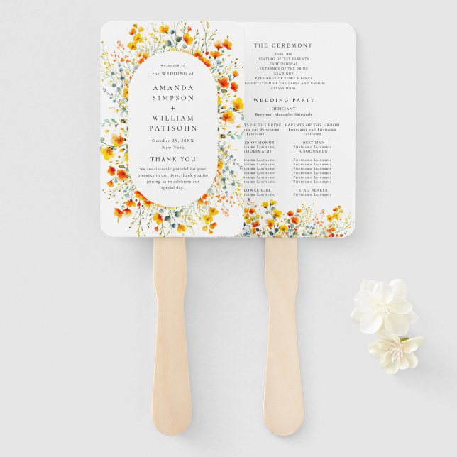 Leque Programa de Casamento de Flores Selvagens de Aquar (Frente e Verso)