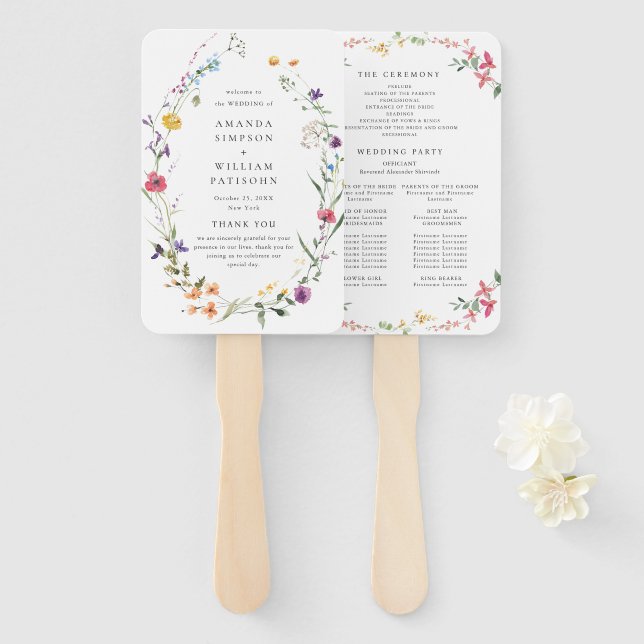 Leque Programa de Casamento de Flores Selvagens de Aquar (Frente e Verso)