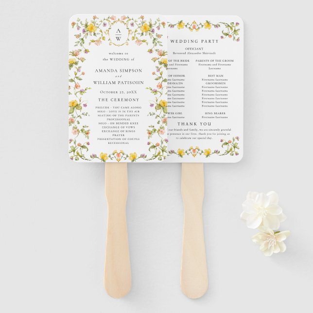 Leque Programa de Casamento de Flores Selvagens de Aquar (Frente e Verso)