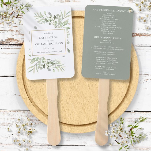Leque Programa de Casamento de Folhas de Água Verde (Watercolor Greenery Leaves Wedding Program Hand Fan)