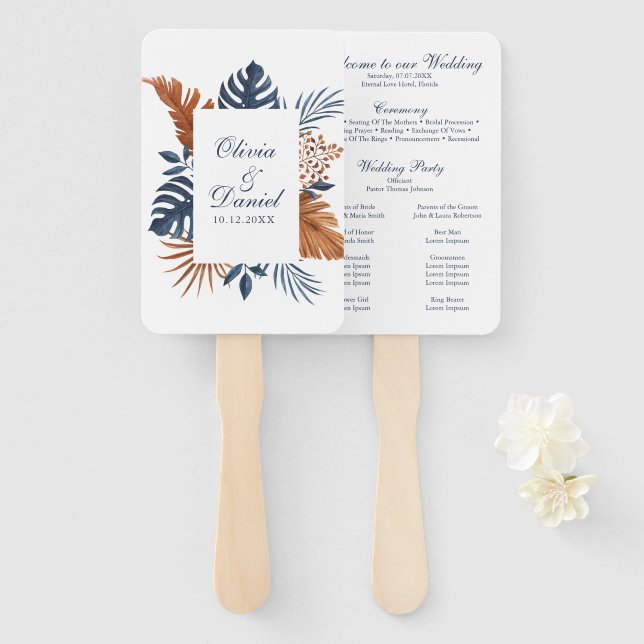 Leque Programa de Casamento de Folhas de Monstera Azul d (Frente e Verso)