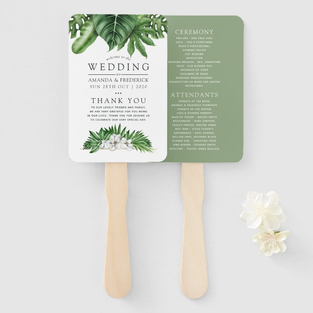 Leque Programa de Casamento de Foliagens de Verde Tropic (Frente e Verso)