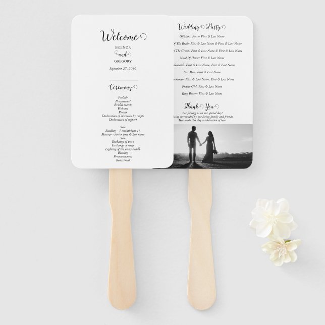 Leque Programa de Casamento de Fotos de Script Branco e  (Frente e Verso)