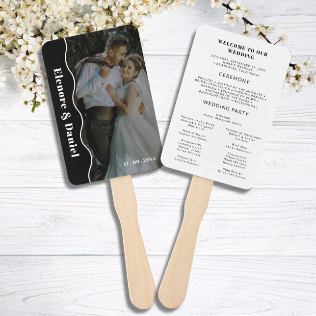 Leque Programa de Casamento de Fotos em Branco Preto de  (Modern Side Wave Black White Photo Wedding Program Hand Fan)