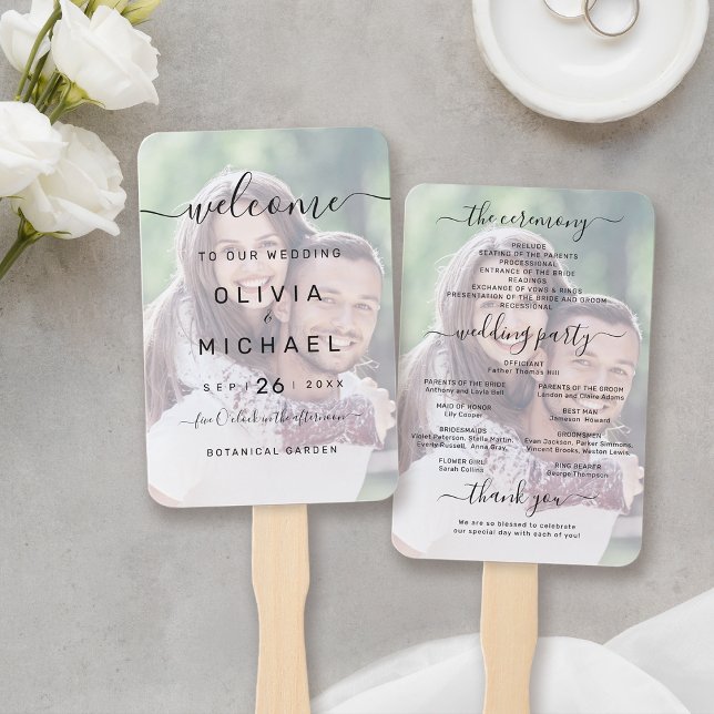 Leque Programa de casamento de fotos simples e elegante (Modern simple elegant script photo wedding program hand fan)