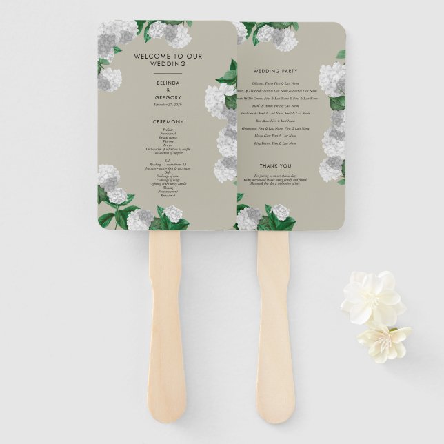 Leque Programa de Casamento de Hortênsia Branca com Verd (Frente e Verso)