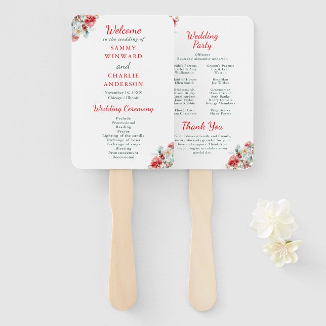 Leque Programa de Casamento de Inverno com Flores Elegan (Frente e Verso)