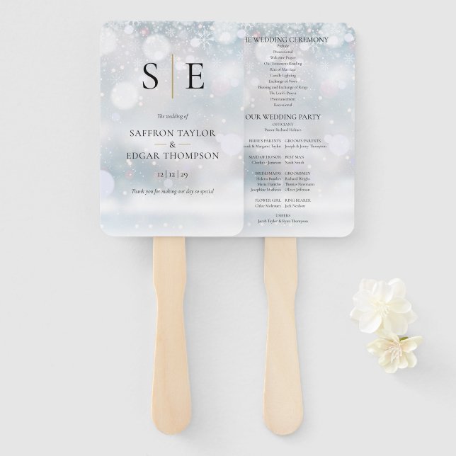 Leque Programa de Casamento de Inverno com Monograma Ele (Frente e Verso)