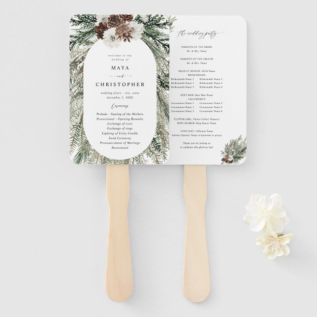 Leque Programa de Casamento de Inverno Floral e Pine 2 (Frente e Verso)