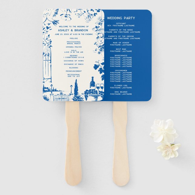 Leque Programa de Casamento de Jardim Europeu Azul Franc (Frente e Verso)