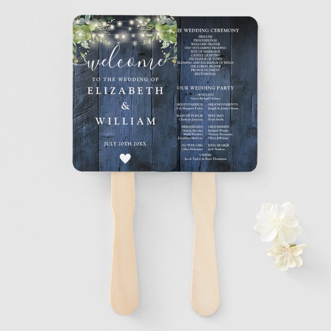 Leque Programa de casamento de madeira azul com luzes de (Frente e Verso)
