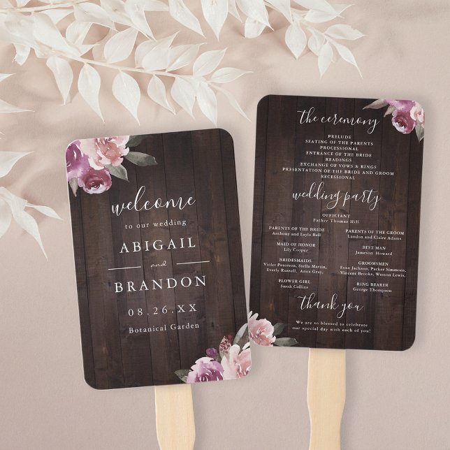 Leque Programa de casamento de madeiras rústicas florais (Mauve purple floral rustic wood wedding program hand fan)