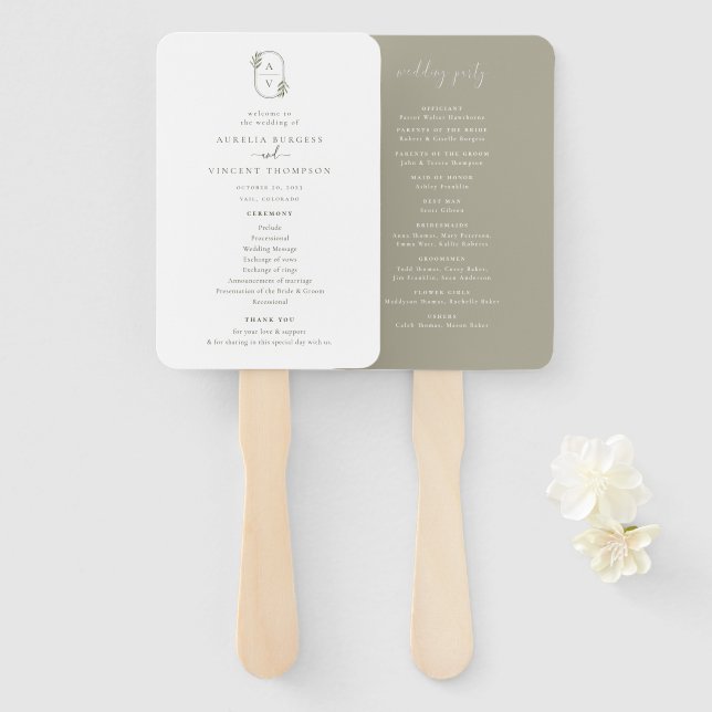 Leque Programa de Casamento de Monograma de Folhagem Bot (Frente e Verso)