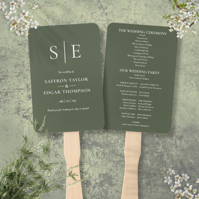 Leque Programa de Casamento de Monograma Verde-Oliva (Olive Green Monogram Wedding Program Hand Fan)
