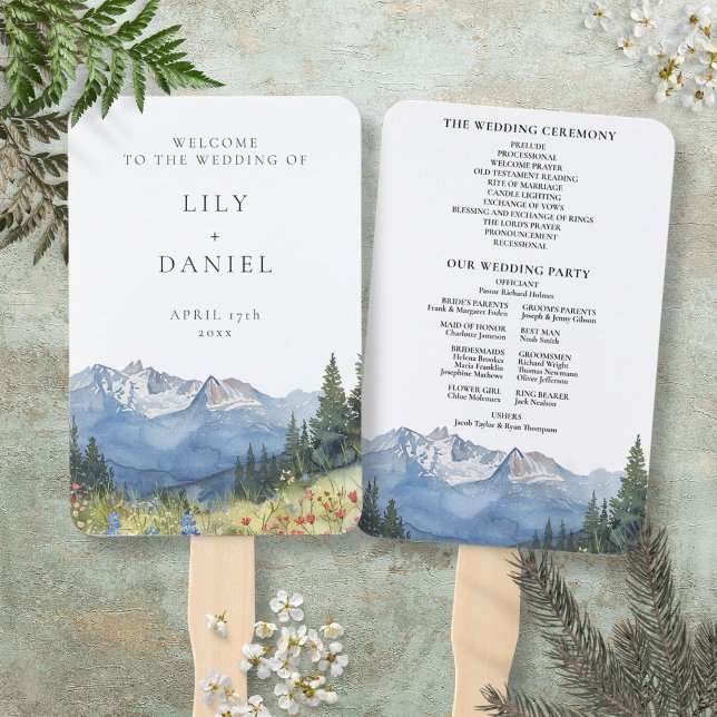 Leque Programa de Casamento de Montanha com Flor Silvest (Watercolor Mountain Wildflower Wedding Program Hand Fan)