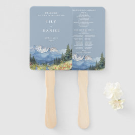Leque Programa de Casamento de Montanha em Aquarela Azul