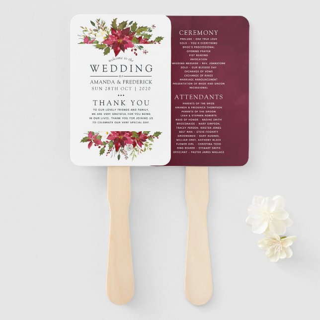 Leque Programa de Casamento de Natal Burgundy Watercolor (Frente e Verso)