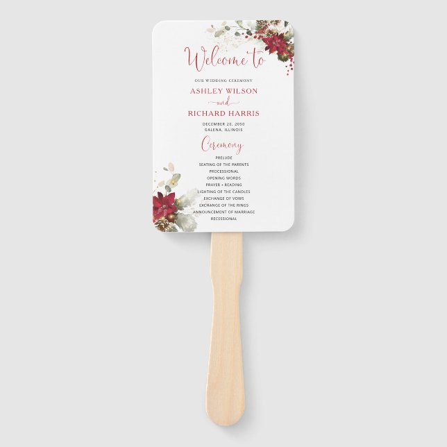 Leque Programa de Casamento de Natal Floral Vermelho (Frente)