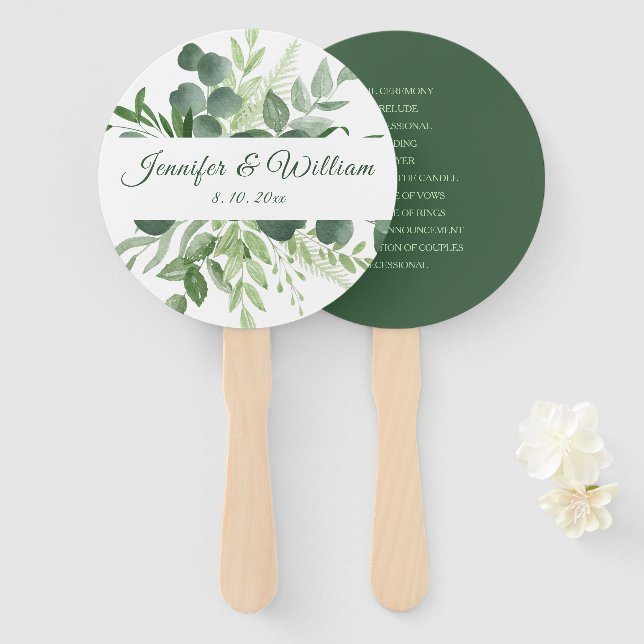Leque Programa de Casamento de Noiva com Folhas de Eucal (Frente e Verso)