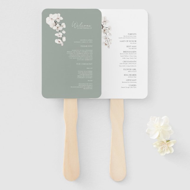 Leque Programa de Casamento de Orquídeas Brancas Verdes  (Frente e Verso)