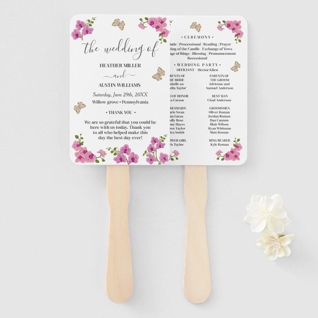 Leque Programa de Casamento de Orquídeas Roxas Delicadas (Frente e Verso)